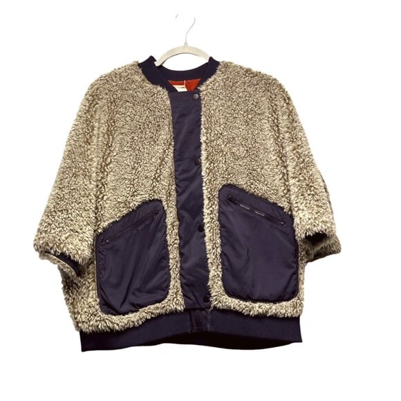 Anthropologie Hei Hei Reversible Teddy Sherpa Poncho Jacket Sz S Beige Red Cape - Picture 1 of 8